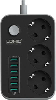 Ldnio Πολύπριζο 3 Θέσεων με Διακόπτη, 6 USB και Καλώδιο 1.6m Μαύρο