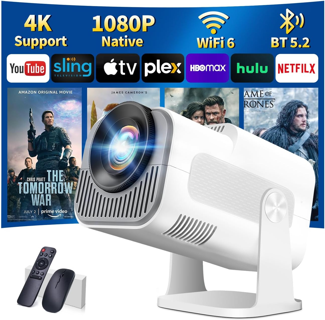 Mini Projector Support 4K 1080P Auto Keystone 270°Rotatable with WiFi 6 and Bluetooth 5.2 Projector Portable Compatibile with HDMI/TV Stick/Memory Stick/Laptop,White
